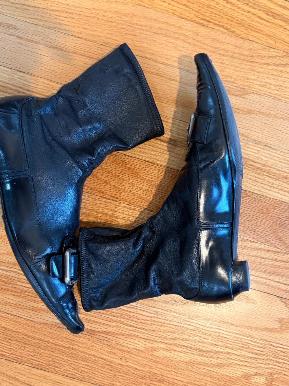 Prada Black Leather Pointed Toe Buckle Ankle Boots 37 Y2K Moto Italy